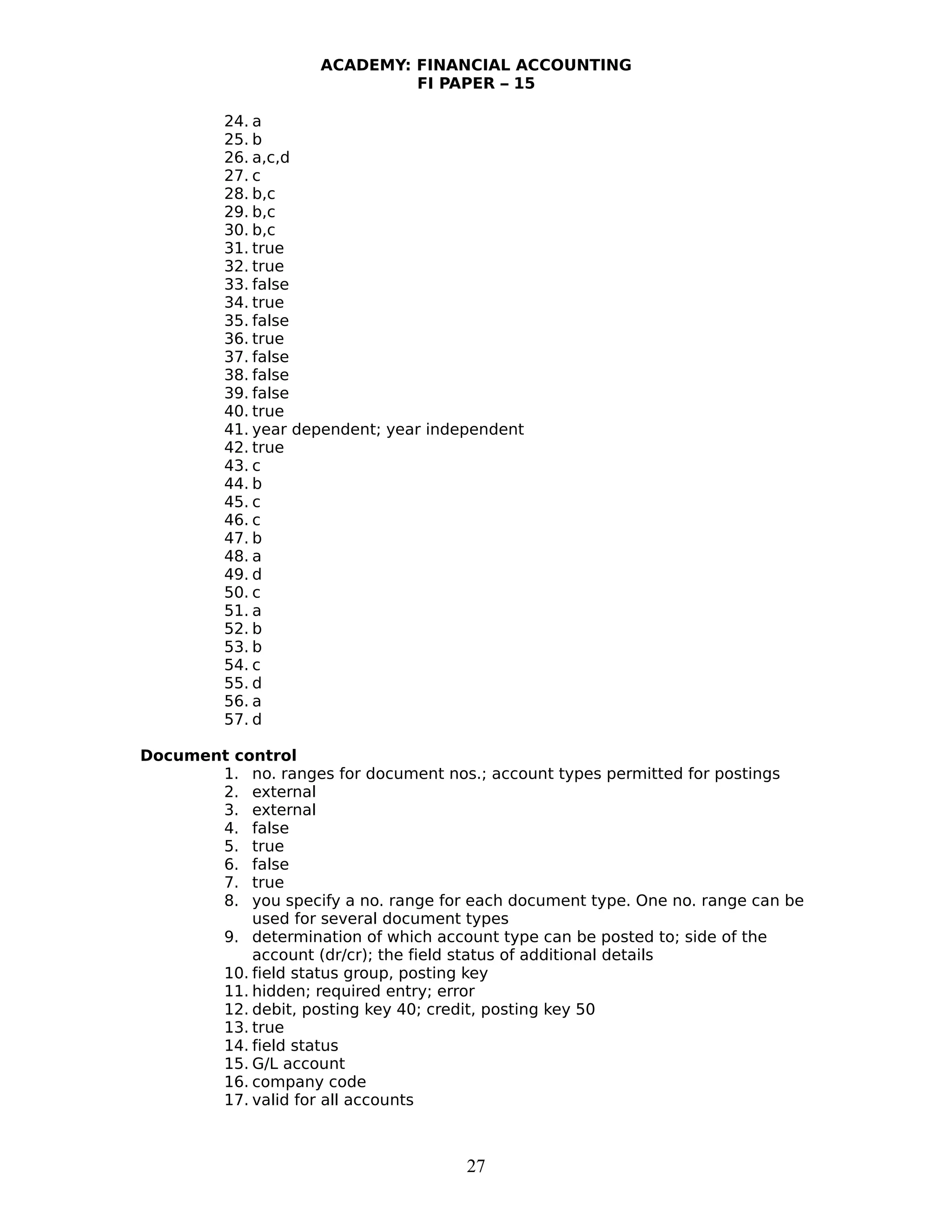 ACADEMY: FINANCIAL ACCOUNTING
FI PAPER – 15
24. a
25. b
26. a,c,d
27. c
28. b,c
29. b,c
30. b,c
31. true
32. true
33. false
34. true
35. false
36. true
37. false
38. false
39. false
40. true
41. year dependent; year independent
42. true
43. c
44. b
45. c
46. c
47. b
48. a
49. d
50. c
51. a
52. b
53. b
54. c
55. d
56. a
57. d
Document control
1. no. ranges for document nos.; account types permitted for postings
2. external
3. external
4. false
5. true
6. false
7. true
8. you specify a no. range for each document type. One no. range can be
used for several document types
9. determination of which account type can be posted to; side of the
account (dr/cr); the field status of additional details
10. field status group, posting key
11. hidden; required entry; error
12. debit, posting key 40; credit, posting key 50
13. true
14. field status
15. G/L account
16. company code
17. valid for all accounts
27
 