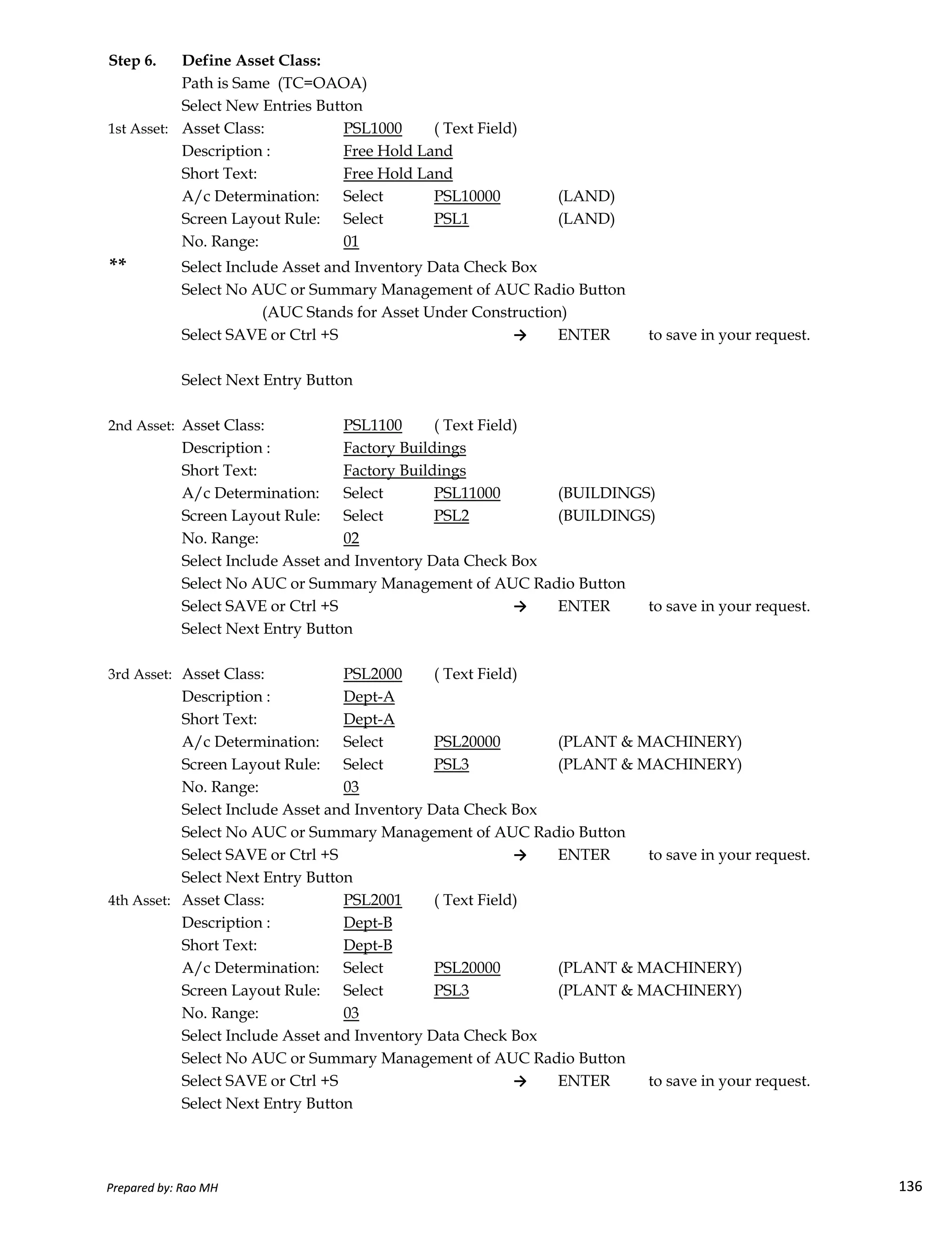 Step 6. Define Asset Class:
Path is Same (TC=OAOA)
Select New Entries Button
1st Asset: Asset Class: PSL1000 ( Text Field)
Description : Free Hold Land
Short Text: Free Hold Land
A/c Determination: Select PSL10000 (LAND)
Screen Layout Rule: Select PSL1 (LAND)
No. Range: 01
** Select Include Asset and Inventory Data Check Box
Select No AUC or Summary Management of AUC Radio Button
(AUC Stands for Asset Under Construction)
Select SAVE or Ctrl +S → ENTER to save in your request.
Select Next Entry Button
2nd Asset: Asset Class: PSL1100 ( Text Field)
Description : Factory Buildings
Short Text: Factory Buildings
A/c Determination: Select PSL11000 (BUILDINGS)
Screen Layout Rule: Select PSL2 (BUILDINGS)
No. Range: 02
Select Include Asset and Inventory Data Check Box
Select No AUC or Summary Management of AUC Radio Button
Prepared by: Rao MH 136
Select No AUC or Summary Management of AUC Radio Button
Select SAVE or Ctrl +S → ENTER to save in your request.
Select Next Entry Button
3rd Asset: Asset Class: PSL2000 ( Text Field)
Description : Dept-A
Short Text: Dept-A
A/c Determination: Select PSL20000 (PLANT & MACHINERY)
Screen Layout Rule: Select PSL3 (PLANT & MACHINERY)
No. Range: 03
Select Include Asset and Inventory Data Check Box
Select No AUC or Summary Management of AUC Radio Button
Select SAVE or Ctrl +S → ENTER to save in your request.
Select Next Entry Button
4th Asset: Asset Class: PSL2001 ( Text Field)
Description : Dept-B
Short Text: Dept-B
A/c Determination: Select PSL20000 (PLANT & MACHINERY)
Screen Layout Rule: Select PSL3 (PLANT & MACHINERY)
No. Range: 03
Select Include Asset and Inventory Data Check Box
Select No AUC or Summary Management of AUC Radio Button
Select SAVE or Ctrl +S → ENTER to save in your request.
Select Next Entry Button
Prepared by: Rao MH 136
 
