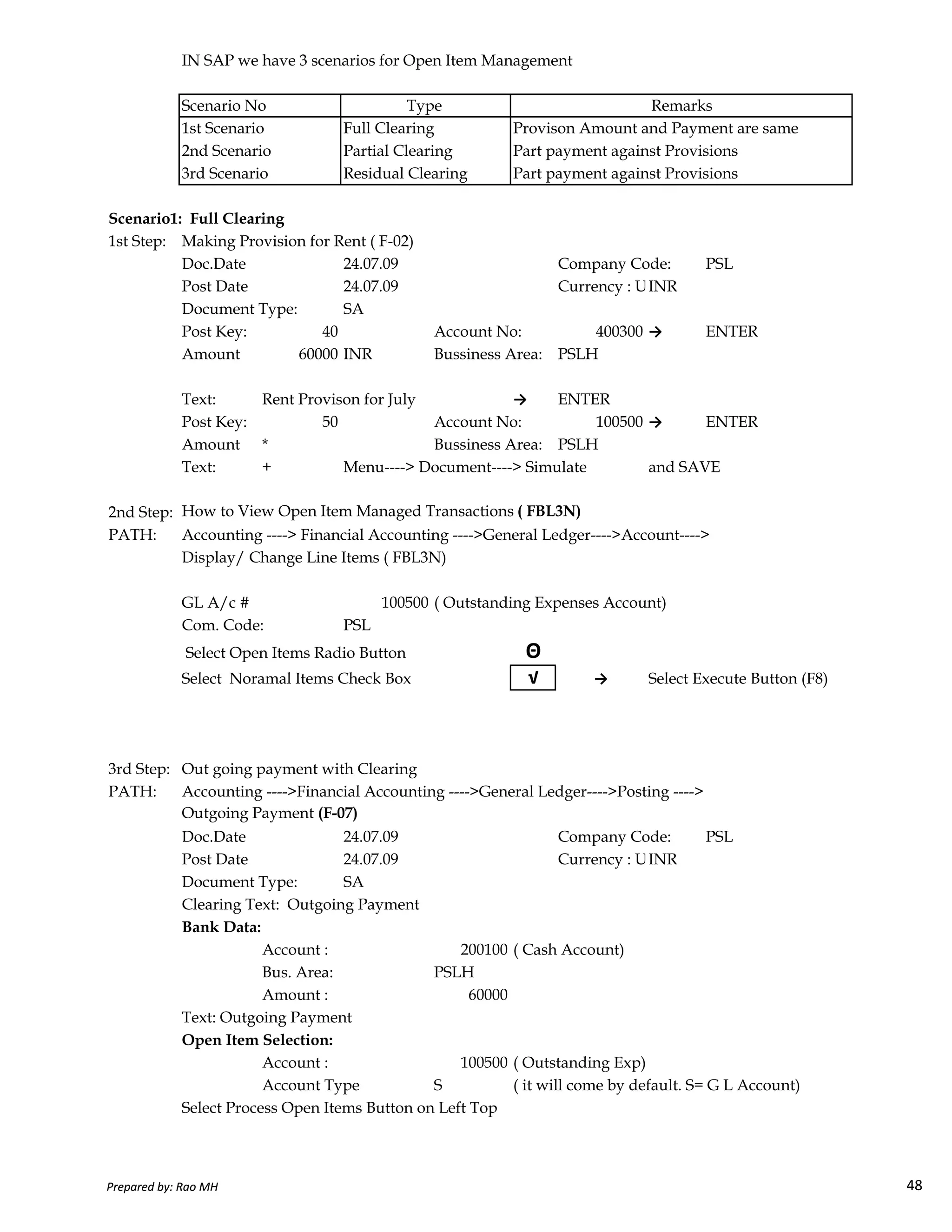 IN SAP we have 3 scenarios for Open Item Management
Scenario No
1st Scenario Full Clearing Provison Amount and Payment are same
2nd Scenario Partial Clearing Part payment against Provisions
3rd Scenario Residual Clearing Part payment against Provisions
Scenario1: Full Clearing
1st Step: Making Provision for Rent ( F-02)
Doc.Date 24.07.09 Company Code: PSL
Post Date 24.07.09 Currency : USD Rate 50.00INR
Document Type: SA
Post Key: 40 Account No: 400300 → ENTER
Amount 60000 INR Bussiness Area: PSLH
Text: Rent Provison for July → ENTER
Post Key: 50 Account No: 100500 → ENTER
Amount * Bussiness Area: PSLH
Text: + Menu----> Document----> Simulate and SAVE
2nd Step: How to View Open Item Managed Transactions ( FBL3N)
PATH: Accounting ----> Financial Accounting ---->General Ledger---->Account---->
Display/ Change Line Items ( FBL3N)
Type Remarks
Prepared by: Rao MH 48
GL A/c # 100500 ( Outstanding Expenses Account)
Com. Code: PSL
Select Open Items Radio Button Θ
Select Noramal Items Check Box √ → Select Execute Button (F8)
3rd Step: Out going payment with Clearing
PATH: Accounting ---->Financial Accounting ---->General Ledger---->Posting ---->
Outgoing Payment (F-07)
Doc.Date 24.07.09 Company Code: PSL
Post Date 24.07.09 Currency : USD Rate 50.00INR
Document Type: SA
Clearing Text: Outgoing Payment
Bank Data:
Account : 200100 ( Cash Account)
Bus. Area: PSLH
Amount : 60000
Text: Outgoing Payment
Open Item Selection:
Account : 100500 ( Outstanding Exp)
Account Type S ( it will come by default. S= G L Account)
Select Process Open Items Button on Left Top
Prepared by: Rao MH 48
 