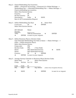 Step 2: Check Withholding Tax Countries:
SPRO--->Financial Accounting--->Financial A/c Global Settings--->
Withholding Tax---->Extended Withholding Tax---->Basic Settings--->
Check withholding tax countries
Select New Entries Button
Country : IN
W/Tax Country: IN
Description : India → SAVE
Save in AP Customization Request
Step 3: Define Withholding Tax Keys → Same Path
Country Key: IN → ENTER
Select New Entries Button
Off. Withold Name
Tax Key
194C TDS on Contractors → ENTER
→ ENTER to save in your request.
Step 4: Define Business Places ( Section Code)
Upto Extended Withholding Tax Path is Same---->Basic Settings---->
India--->Define Business Places
Select New Entries Button
Comp.code: PSL
Prepared by: Rao MH 113
Comp.code: PSL
Section Code: PSL ( Text Field)
Name: PSL Hyderabad Factory → SAVE
Name: PSL Hyderabad Factory
Country : IN → ENTER
→ ENTER to save in your request.
Step 5: Assaign Factory Calender to Business Place( Section Code)
Same Path → Select New Entries
Comp. Section Fact. Cal Rule
Code Code ID
PSL PSLF PS Day Before ( Select from Dropdown Button)
→ SAVE → ENTER to save in ur request
Prepared by: Rao MH 113
 