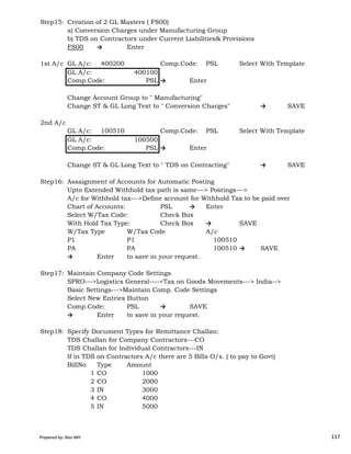 Step15: Creation of 2 GL Masters ( FS00)
a) Conversion Charges under Manufacturing Group
b) TDS on Contractors under Current Liabilities& Provisions
FS00 → Enter
1st A/c GL A/c: 400200 Comp.Code: PSL Select With Template
GL A/c: 400100
Comp.Code: PSL → Enter
Change Account Group to " Manufacturing"
Change ST & GL Long Text to " Conversion Charges" → SAVE
2nd A/c
GL A/c: 100510 Comp.Code: PSL Select With Template
GL A/c: 100500
Comp.Code: PSL → Enter
Change ST & GL Long Text to " TDS on Contracting" → SAVE
Step16: Assaignment of Accounts for Automatic Posting
Upto Extended Withhold tax path is same---> Postings--->
A/c for Withhold tax--->Define account for Withhold Tax to be paid over
Chart of Accounts: PSL → Enter
Select W/Tax Code: Check Box
Prepared by: Rao MH 117
Select W/Tax Code: Check Box
With Hold Tax Type: Check Box → SAVE
W/Tax Type W/Tax Code A/c
P1 P1 100510
PA PA 100510 → SAVE
→ Enter to save in your request.
Step17: Maintain Company Code Settings
SPRO--->Logistics General----<Tax on Goods Movements---> India-->
Basic Settings--->Maintain Comp. Code Settings
Select New Entries Button
Comp.Code: PSL → SAVE
→ Enter to save in your request.
Step18: Specify Document Types for Remittance Challan:
TDS Challan for Company Contractors---CO
TDS Challan for Individual Contractors---IN
If in TDS on Contractors A/c there are 5 Bills O/s. ( to pay to Govt)
BillNo Type Amount
1 CO 1000
2 CO 2000
3 IN 3000
4 CO 4000
5 IN 5000
Prepared by: Rao MH 117
 