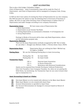 This is also a Sub Ledger ( Subsidery Ledger)
Chart of Depreciaion: Asset Customization steps will be made for Chart of
Depreciation and Chart of Depreciation will be assaigned to Company Code /Comp.
Codes.
In SAP we don’t have option of creating the Chart of Depreciation for our own company
But SAP has given the option to copy the Existing Chart of Accounts of Germany or
Indian. We have to copy either Germany Chart of Depreciation or Indian Chart of
Depreciation and make changes according to our company Porocedure.
Depreciation Areas: We have many areas of Depreciation like
1. Book Depreciation
2. Depreciation as per Income Tax Rules
3. Costing Depreciation as mentioned in Schedule 14 of Companies Act
4. Group Depreciation
Postings to Books of Accounts will be done only Book Depreciation, others
are for information purpose only.
Depreciation Methods:
There are So many Depreciation methods recognised by SAP. But in India
we use either 1. Straight Line Method ( SLM) 2. Written Down Value ( WDV)
Depreciation Keys: Depreciation Keys are nothing but Rate+ Method say
5% SLM or 5%WDV
ASSET ACCOUNTINGASSET ACCOUNTINGASSET ACCOUNTINGASSET ACCOUNTING
Prepared by: Rao MH 132
5% SLM or 5%WDV
Posting Keys: We use the Following Posting Keys in Asset Accounting
Posting Key: 70 for Asset Debit
Posting Key: 75 for Asset Credit
Transaction Types:
100 → External Asset Acquisition
110 → In House Production
210 → Retirement with Revenue( Consideration)
Assets can be acquired from Outside Purchases/ InHouse Production/
Inter Unit Transfers/ Inter Company Transfers. So, when we are posting the
Debit Entry, by mentioning the Transaction Type we can come to know what
type to transaction it is.
Asset Accounting is based on 4 Rules:
[A] Sub Asset Master is to be created with reference to the Main Asset Master
[B] Main Asset Master is to be created with Asset Class
[C] Account Determination is specified in Asset Class
[D] For Account Determination we Assaign G L Account based on Nature of
Transaction
Prepared by: Rao MH 132
 