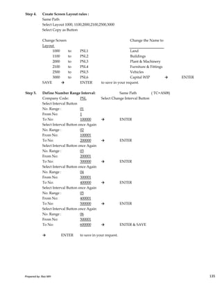 Step 4. Create Screen Layout rules :
Same Path
Select Layout 1000, 1100,2000,2100,2500,3000
Select Copy as Button
Change Screen Change the Name to
Layout
1000 to PSL1 Land
1100 to PSL2 Buildings
2000 to PSL3 Plant & Machinery
2100 to PSL4 Furniture & Fittings
2500 to PSL5 Vehicles
3000 to PSL6 Capital WIP → ENTER
SAVE → ENTER to save in your request.
Step 5. Define Number Range Interval: Same Path ( TC=AS08)
Company Code: PSL Select Change Interval Button
Select Interval Button
No. Range : 01
From No: 1
To No: 100000 → ENTER
Select Interval Button once Again
No. Range : 02
From No: 100001
Prepared by: Rao MH 135
From No: 100001
To No: 200000 → ENTER
Select Interval Button once Again
No. Range : 03
From No: 200001
To No: 300000 → ENTER
Select Interval Button once Again
No. Range : 04
From No: 300001
To No: 400000 → ENTER
Select Interval Button once Again
No. Range : 05
From No: 400001
To No: 500000 → ENTER
Select Interval Button once Again
No. Range : 06
From No: 500001
To No: 600000 → ENTER & SAVE
→ ENTER to save in your request.
Prepared by: Rao MH 135
 
