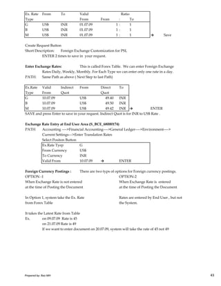 Ex. Rate From To Valid
Type From From : To
G US$ INR 01.07.09 1 : 1
B US$ INR 01.07.09 1 : 1
M US$ INR 01.07.09 1 : 1 → Save
Create Request Button
Short Description: Foreign Exchange Customization for PSL
ENTER 2 times to save in your request.
Enter Exchange Rates: This is called Forex Table. We can enter Foreign Exchange
Rates Daily, Weekly, Monthly. For Each Type we can enter only one rate in a day.
PATH: Same Path as above ( Next Step to last Path)
Ex.Rate Valid Indirect From Direct To
Type From Quot Quot
G 10.07.09 US$ 49.40 INR
B 10.07.09 US$ 49.50 INR
M 10.07.09 US$ 49.42 INR → ENTER
SAVE and press Enter to save in your request. Indirect Quot is for INR to US$ Rate .
Exchange Rate Entry at End User Area (S_BCE_68000174)
PATH Accounting ---->Financial Accounting---->General Ledger---->Environment---->
Current Settings--->Enter Translation Rates
Ratio
Prepared by: Rao MH 43
Current Settings--->Enter Translation Rates
Select Positon Button
Ex.Rate Tyep G
From Currency US$
To Currency INR
Valid From 10.07.09 → ENTER
Foreign Currency Postings : There are two typs of options for Foreign currency postings.
OPTION -1 OPTION-2
When Exchange Rate is not entered When Exchange Rate is entered
at the time of Posting the Document at the time of Posting the Document
In Option 1, system take the Ex. Rate Rates are entered by End User , but not
from Forex Table the System.
It takes the Latest Rate from Table
Ex. on 09.07.09 Rate is 45
on 21.07.09 Rate is 49
If we want to enter document on 20.07.09, system will take the rate of 45 not 49
Prepared by: Rao MH 43
 