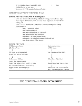 To View the Document Posted ( TC=FB03) → Enter
Double Click on 1st Line Item
We can see the FC Revaluation Document Posted.
SOME IMPORTANT POINTS TO BE NOTED IN SAP:
HOW TO VIEW THE STEPS SAVED IN OUR REQUEST:
At the time of various Basic Settings and GL a/c Settings, we saved some steps
in our request. What are the points we saved in our request can be seen with the
folloing path
Tools---->ABAP Work Bench---->Overview---->Transport Organizer ( SE09)
Under client 800
Select Customizing Folder
Select Modifiable Folder
Select GL Customization for PSL Folder
Select Customizing Task Sub Folder
Double Click on Enter Interest Values
Double Click on Enter Interest Values under GL A/c
Select Enter Interest Value Activity
HOW TO VIEW PATH:
SAP Easy Acess Screen Customization Area
( End User Area) ( SPRO Area)
↓ ↓
Prepared by: Rao MH 67
↓ ↓
We know TC but not the Path Use Transaction Code SPRO
In that case, How to view Path. ↓
↓ ↓
In Command Field use Select Cntr + F (or) Find
Search_SAP_Menu --> Enter ↓
Serach Text Entry--> F-02 ( use TC) --> Enter Search Term Fiscal Year---> Enter
We can see the Path from Lower Level to ↓
Upper Level in Descending order Select Fiscal Year Under Financial
A/c Global Settings Area ---> Enter
END OF GENERAL LEDGER ACCOUNTING
Prepared by: Rao MH 67
 