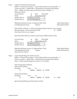 Step 1. Creation of Vendor Account Groups:
SPRO----> Financial Accounting---->Account Receivable & Accounts Payable---->
Vendor Accounts---> Master Data---->Preparation for Creating Vendor Master
Data---->Define Account Groups with Screen Lay Out ( Vendors)---->
Select New Entries
Account Group → PSL1 (Text Field)
Name → FI Vendors for PSL
Double Click on Company Code Data
Double Click on Account Management
Make Reconciliation Account as "Required Entry" Field (Select Radio Button)
Cash Management Group "Supress" (Select Radio Button)
Select SAVE or CTRL+S----> Select Create Request Button and save in your request.
Short Description : AP Customization for PSL → ENTER
Press Enter to Save in your request.
Select Next Entry Button to create one more Group of MM Vendors for PSL
Account Group → PSL2 (Text Field)
Name → MM Vendors for PSL
Double Click on Company Code Data
Double Click on Account Management
Prepared by: Rao MH 69
Make Reconciliation Account as "Required Entry" Field (Select Radio Button)
Cash Management Group "Supress" (Select Radio Button)
Select SAVE or CTRL+S
Step 2. Create Number Range for Vendor Account :
SPRO----> Financial Accounting---->Account Receivable & Accounts Payable---->
Vendor Accounts---> Master Data---->Preparation for Creating Vendor Master
Data---->Create Number Range for Vendor A/c ( TC=XKN1)
Select Change Intervals Button
Select Intervals Button
No Range From To
15 4400001 4400100 → ENTER
Select Intervals Button
No Range From To
16 4400101 4400200 → ENTER → SAVE
Ignore Warning Message and Press Enter to SAVE
Prepared by: Rao MH 69
 