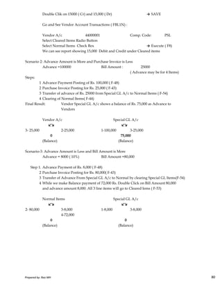 Double Clik on 15000 ( Cr) and 15,000 ( Dr) → SAVE
Go and See Vendor Account Transactions ( FBL1N) :
Vendor A/c 44000001 Comp. Code: PSL
Select Cleared Items Radio Button
Select Normal Items Check Box → Execute ( F8)
We can see report showing 15,000 Debit and Credit under Cleared items
Scenario 2: Advance Amount is More and Purchase Invoice is Less
Advance =100000 Bill Amount : 25000
( Advance may be for 4 Items)
Steps:
1 Advance Payment Posting of Rs. 100,000 ( F-48)
2 Purchase Invoice Posting for Rs. 25,000 ( F-43)
3 Transfer of advance of Rs. 25000 from Special GL A/c to Normal Items ( F-54)
4 Clearing of Normal Items( F-44)
Final Result: Vendor Special GL A/c shows a balance of Rs. 75,000 as Advance to
Vendors
Vendor A/c
↙↘ ↙↘
3- 25,000 2-25,000 1-100,000 3-25,000
0
Special GL A/c
75,000
Prepared by: Rao MH 80
0
(Balance)
Scenario-3: Advance Amount is Less and Bill Amount is More
Advance = 8000 ( 10%) Bill Amount =80,000
Step 1. Advance Payment of Rs. 8,000 ( F-48)
2 Purchase Invoice Posting for Rs. 80,000( F-43)
3 Transfer of Advance From Special GL A/c to Normal by clearing Special GL Items(F-54)
4 While we make Balance payment of 72,000 Rs. Double Click on Bill Amount 80,000
and advance amount 8,000. All 3 line items will go to Cleared Iems ( F-53)
Normal Items
↙↘ ↙↘
2- 80,000 3-8,000 1-8,000 3-8,000
4-72,000
0
(Balance)
Special GL A/c
0
75,000
(Balance)
(Balance)
Prepared by: Rao MH 80
 