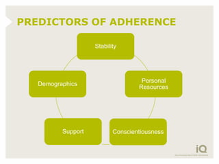 PREDICTORS OF ADHERENCE

                    Stability




                                    Personal
   Demographics
                                   Resources




          Support          Conscientiousness
 