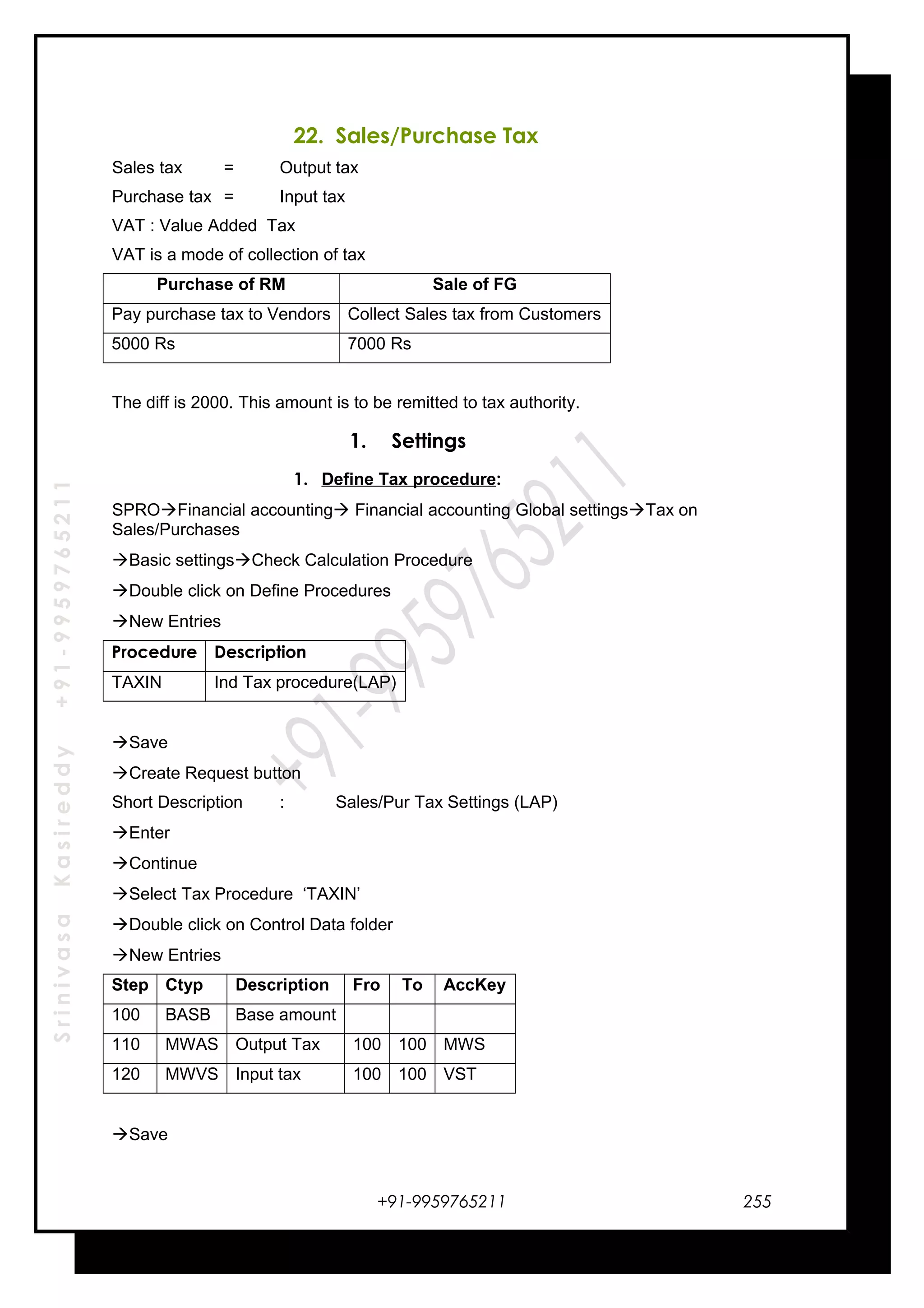 SrinivasaKasireddy+91-9959765211
22. Sales/Purchase Tax
Sales tax = Output tax
Purchase tax = Input tax
VAT : Value Added Tax
VAT is a mode of collection of tax
Purchase of RM Sale of FG
Pay purchase tax to Vendors Collect Sales tax from Customers
5000 Rs 7000 Rs
The diff is 2000. This amount is to be remitted to tax authority.
1. Settings
1. Define Tax procedure:
SPROFinancial accounting Financial accounting Global settingsTax on
Sales/Purchases
Basic settingsCheck Calculation Procedure
Double click on Define Procedures
New Entries
Procedure Description
TAXIN Ind Tax procedure(LAP)
Save
Create Request button
Short Description : Sales/Pur Tax Settings (LAP)
Enter
Continue
Select Tax Procedure ‘TAXIN’
Double click on Control Data folder
New Entries
Step Ctyp Description Fro To AccKey
100 BASB Base amount
110 MWAS Output Tax 100 100 MWS
120 MWVS Input tax 100 100 VST
Save
+91-9959765211 255
 