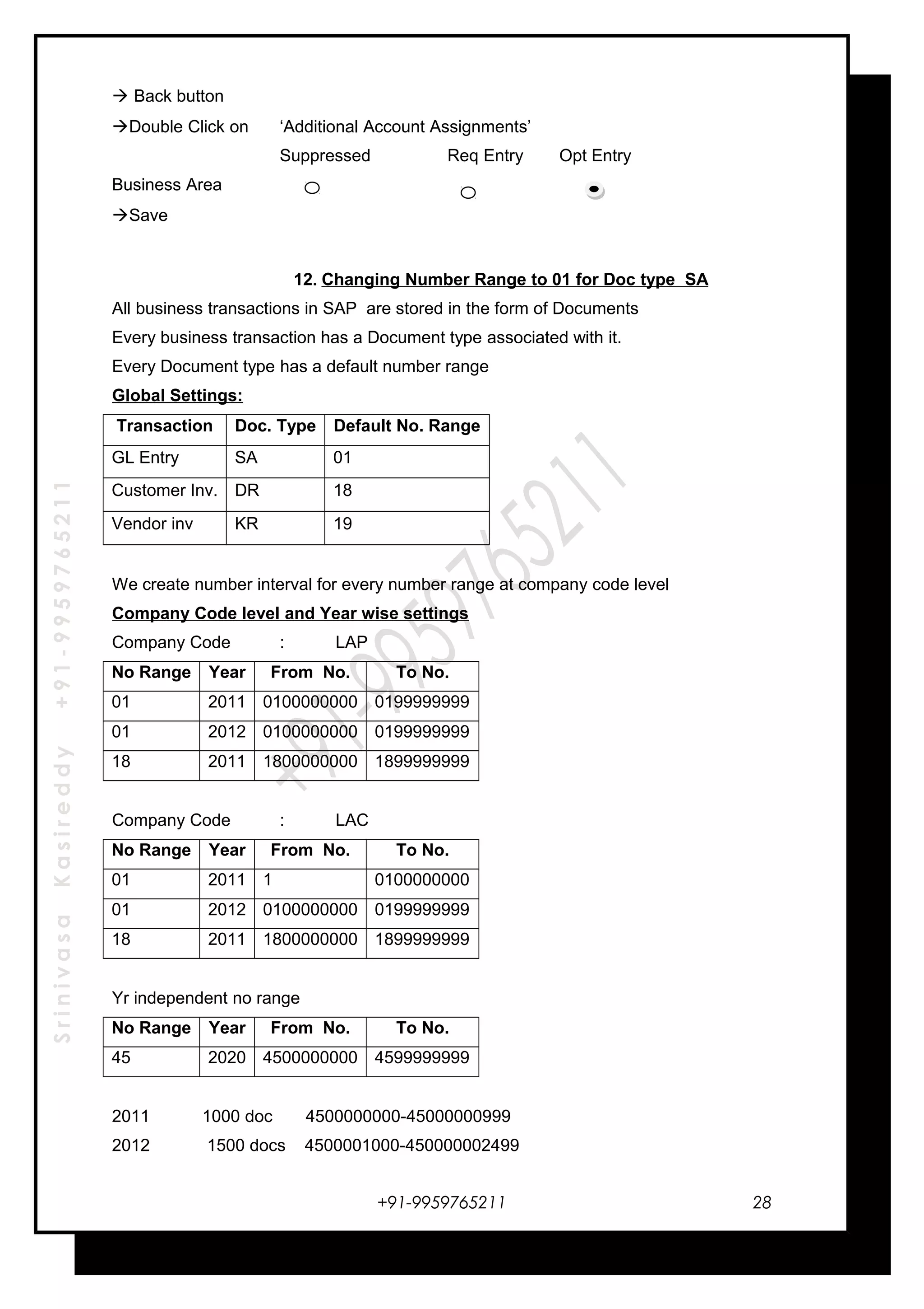 SrinivasaKasireddy+91-9959765211
 Back button
Double Click on ‘Additional Account Assignments’
Suppressed Req Entry Opt Entry
Business Area
Save
12. Changing Number Range to 01 for Doc type SA
All business transactions in SAP are stored in the form of Documents
Every business transaction has a Document type associated with it.
Every Document type has a default number range
Global Settings:
Transaction Doc. Type Default No. Range
GL Entry SA 01
Customer Inv. DR 18
Vendor inv KR 19
We create number interval for every number range at company code level
Company Code level and Year wise settings
Company Code : LAP
No Range Year From No. To No.
01 2011 0100000000 0199999999
01 2012 0100000000 0199999999
18 2011 1800000000 1899999999
Company Code : LAC
No Range Year From No. To No.
01 2011 1 0100000000
01 2012 0100000000 0199999999
18 2011 1800000000 1899999999
Yr independent no range
No Range Year From No. To No.
45 2020 4500000000 4599999999
2011 1000 doc 4500000000-45000000999
2012 1500 docs 4500001000-450000002499
+91-9959765211 28
 