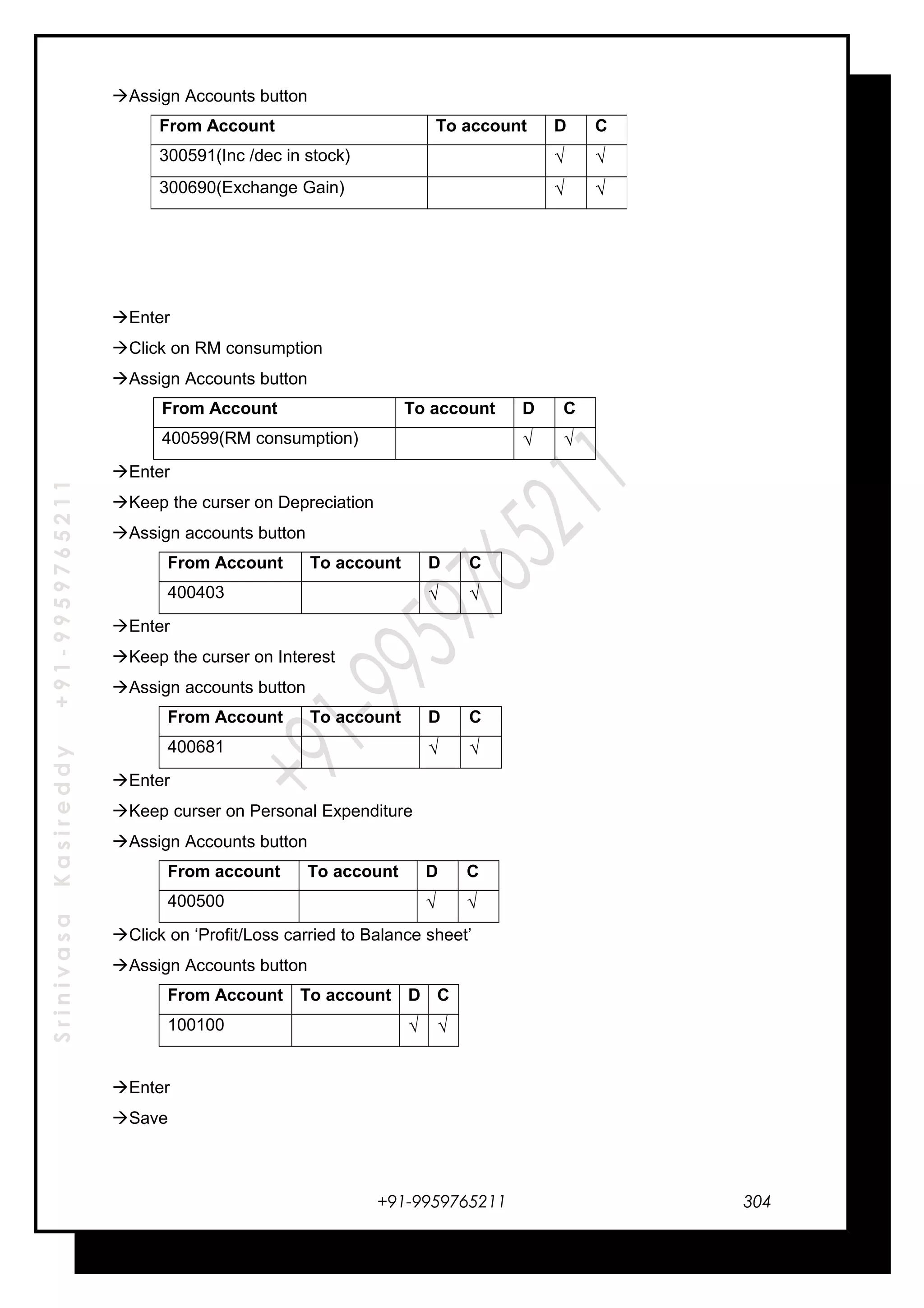 SrinivasaKasireddy+91-9959765211
Assign Accounts button
Enter
Click on RM consumption
Assign Accounts button
From Account To account D C
400599(RM consumption) √ √
Enter
Keep the curser on Depreciation
Assign accounts button
From Account To account D C
400403 √ √
Enter
Keep the curser on Interest
Assign accounts button
From Account To account D C
400681 √ √
Enter
Keep curser on Personal Expenditure
Assign Accounts button
From account To account D C
400500 √ √
Click on ‘Profit/Loss carried to Balance sheet’
Assign Accounts button
From Account To account D C
100100 √ √
Enter
Save
+91-9959765211
From Account To account D C
300591(Inc /dec in stock) √ √
300690(Exchange Gain) √ √
304
 