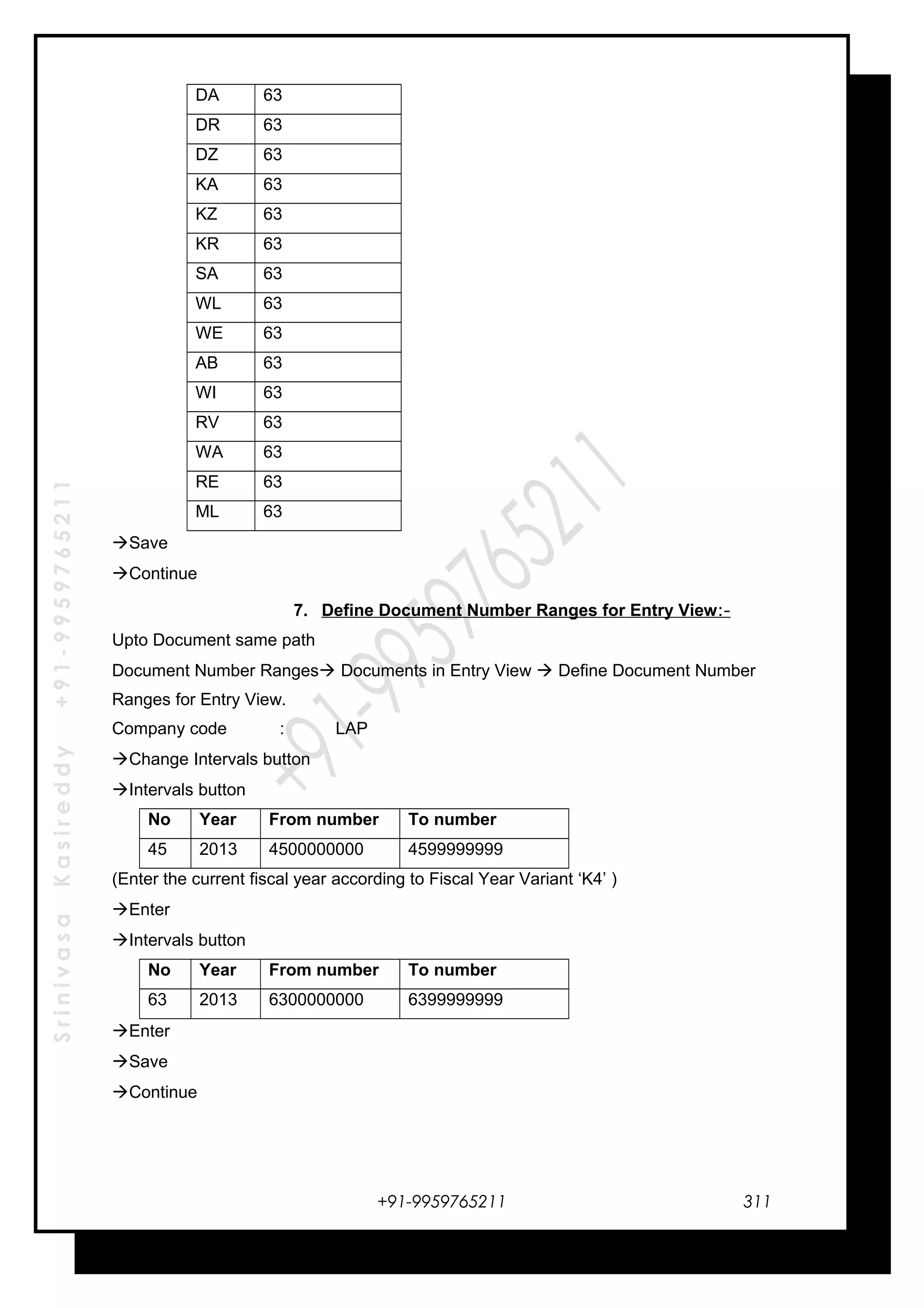 SrinivasaKasireddy+91-9959765211
DA 63
DR 63
DZ 63
KA 63
KZ 63
KR 63
SA 63
WL 63
WE 63
AB 63
WI 63
RV 63
WA 63
RE 63
ML 63
Save
Continue
7. Define Document Number Ranges for Entry View:-
Upto Document same path
Document Number Ranges Documents in Entry View  Define Document Number
Ranges for Entry View.
Company code : LAP
Change Intervals button
Intervals button
No Year From number To number
45 2013 4500000000 4599999999
(Enter the current fiscal year according to Fiscal Year Variant ‘K4’ )
Enter
Intervals button
No Year From number To number
63 2013 6300000000 6399999999
Enter
Save
Continue
+91-9959765211 311
 