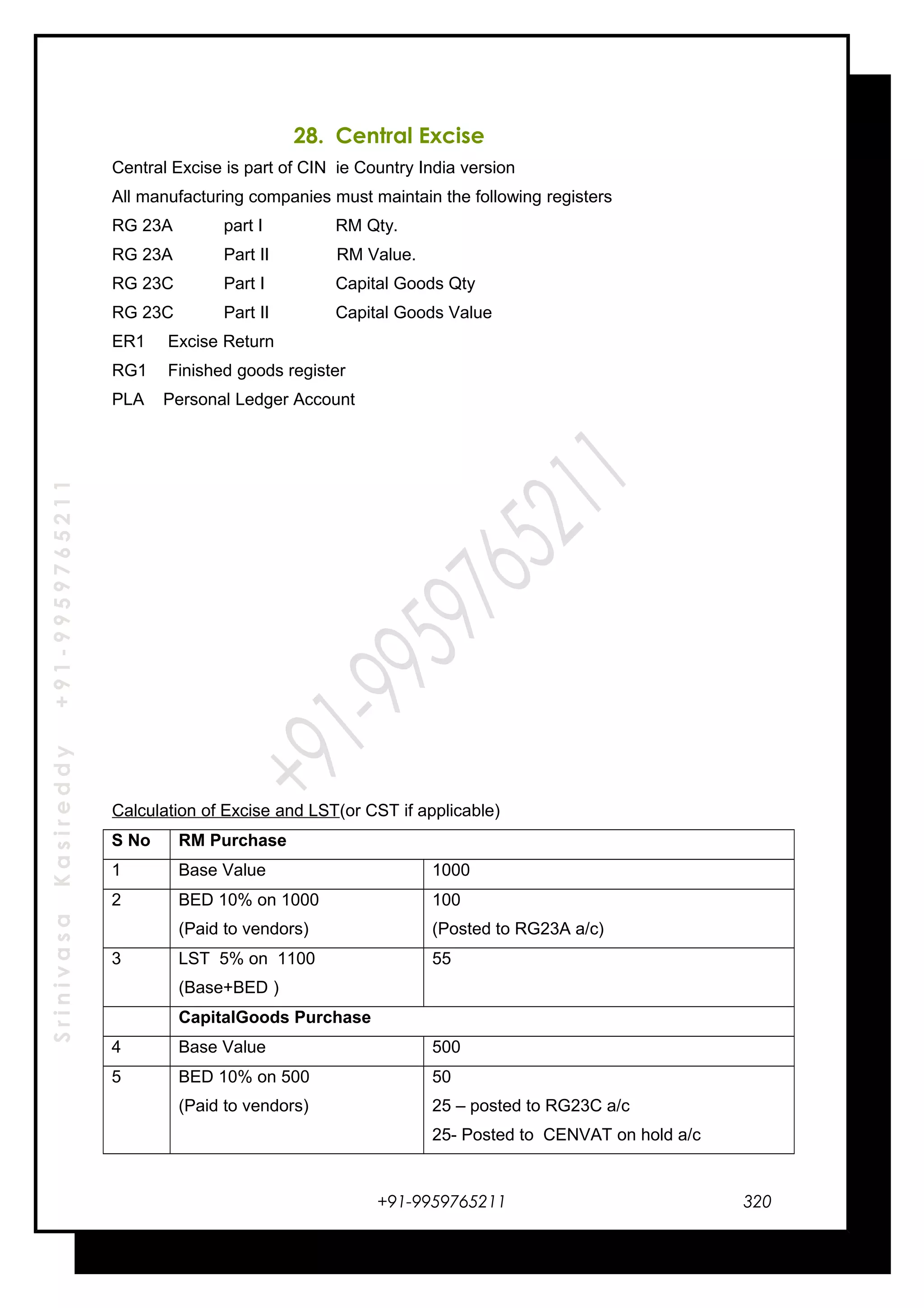 SrinivasaKasireddy+91-9959765211
28. Central Excise
Central Excise is part of CIN ie Country India version
All manufacturing companies must maintain the following registers
RG 23A part I RM Qty.
RG 23A Part II RM Value.
RG 23C Part I Capital Goods Qty
RG 23C Part II Capital Goods Value
ER1 Excise Return
RG1 Finished goods register
PLA Personal Ledger Account
Calculation of Excise and LST(or CST if applicable)
S No RM Purchase
1 Base Value 1000
2 BED 10% on 1000
(Paid to vendors)
100
(Posted to RG23A a/c)
3 LST 5% on 1100
(Base+BED )
55
CapitalGoods Purchase
4 Base Value 500
5 BED 10% on 500
(Paid to vendors)
50
25 – posted to RG23C a/c
25- Posted to CENVAT on hold a/c
+91-9959765211 320
 