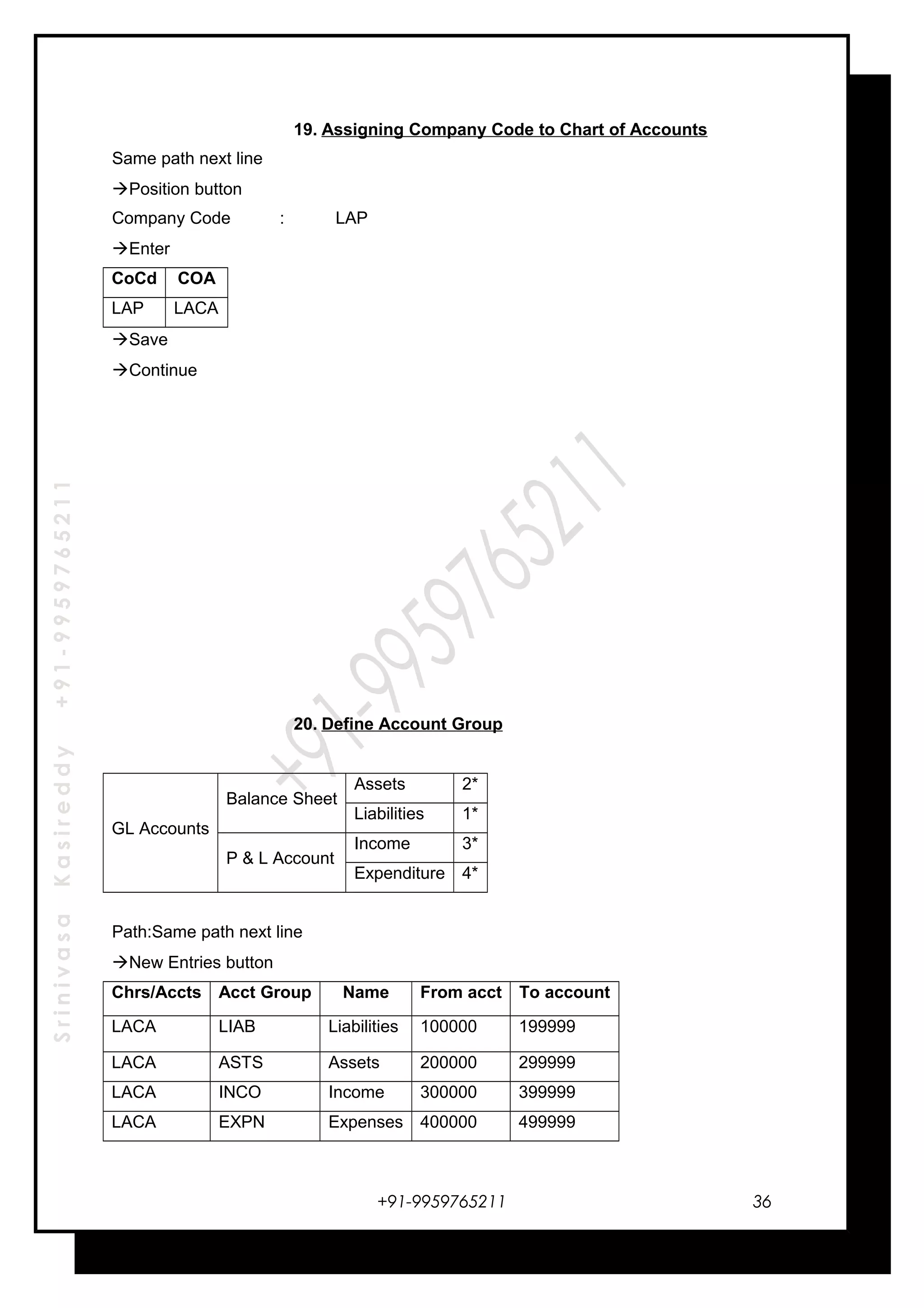 SrinivasaKasireddy+91-9959765211
19. Assigning Company Code to Chart of Accounts
Same path next line
Position button
Company Code : LAP
Enter
CoCd COA
LAP LACA
Save
Continue
20. Define Account Group
GL Accounts
Balance Sheet
Assets 2*
Liabilities 1*
P & L Account
Income 3*
Expenditure 4*
Path:Same path next line
New Entries button
Chrs/Accts Acct Group Name From acct To account
LACA LIAB Liabilities 100000 199999
LACA ASTS Assets 200000 299999
LACA INCO Income 300000 399999
LACA EXPN Expenses 400000 499999
+91-9959765211 36
 