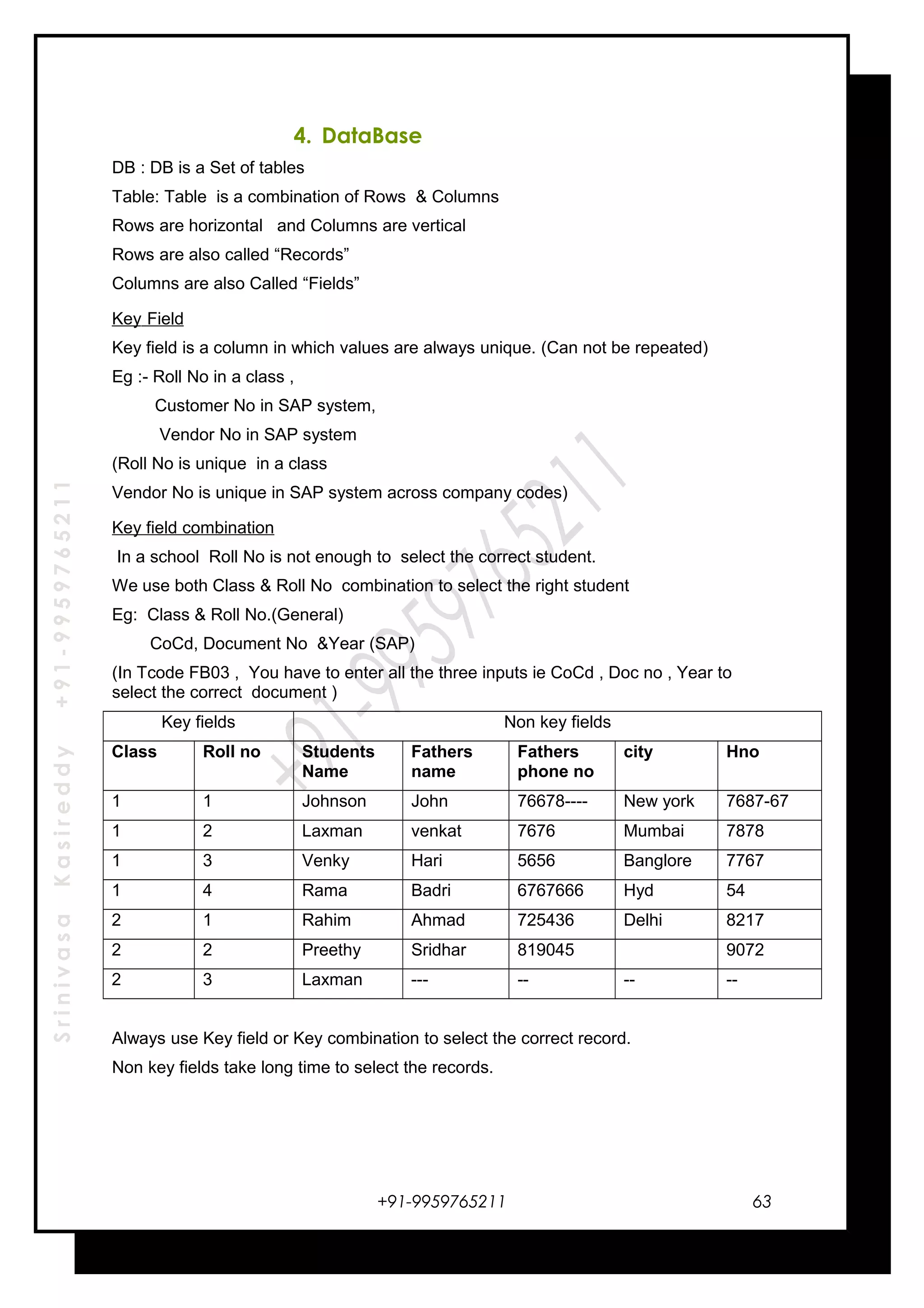 SrinivasaKasireddy+91-9959765211
4. DataBase
DB : DB is a Set of tables
Table: Table is a combination of Rows & Columns
Rows are horizontal and Columns are vertical
Rows are also called “Records”
Columns are also Called “Fields”
Key Field
Key field is a column in which values are always unique. (Can not be repeated)
Eg :- Roll No in a class ,
Customer No in SAP system,
Vendor No in SAP system
(Roll No is unique in a class
Vendor No is unique in SAP system across company codes)
Key field combination
In a school Roll No is not enough to select the correct student.
We use both Class & Roll No combination to select the right student
Eg: Class & Roll No.(General)
CoCd, Document No &Year (SAP)
(In Tcode FB03 , You have to enter all the three inputs ie CoCd , Doc no , Year to
select the correct document )
Key fields Non key fields
Class Roll no Students
Name
Fathers
name
Fathers
phone no
city Hno
1 1 Johnson John 76678---- New york 7687-67
1 2 Laxman venkat 7676 Mumbai 7878
1 3 Venky Hari 5656 Banglore 7767
1 4 Rama Badri 6767666 Hyd 54
2 1 Rahim Ahmad 725436 Delhi 8217
2 2 Preethy Sridhar 819045 9072
2 3 Laxman --- -- -- --
Always use Key field or Key combination to select the correct record.
Non key fields take long time to select the records.
+91-9959765211 63
 