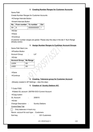 SrinivasaKasireddy+91-9959765211
2. Creating Number Ranges for Customer Accounts
Same Path
Create Number Ranges for Customer Accounts
Change Intervals Button
Insert Intervals Button
No. From number To number Ext
XX A ZZZZZZZZZZ √
Enter
Save
Continue
(Customer number ranges are global. Please skip this step in the lab if Num Range
already exists)
3. Assign Number Ranges to Customer Account Groups
Same Path Next Line
Position Button
Account Group : LA*
Enter
Account Group No Range
LAGN XX
LASD XX
Save
Continue
4. Creating Tolerance group for Customer Account
(Already created in AP Settings – skip this step)
5. Creation of Sundry Debtors A/C
T Code FS00
Select GL account 200790 ICICI Current Account
Copy button
GL Account : 200610
Enter
Change Description : Sundry Debtors
Control Data Tab
Only balances in local crcy
Recon. account for acct type : Customers
Sort key : 031 Customers
+91-9959765211 125
 