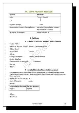SrinivasaKasireddy+91-9959765211
14. Down-Payments Received
Normal Advances
Sales
Payment Receipt
Payment Receipt
Sales
Reconciliation Account: Sundry Debtors Alternative Reconciliation Account :
Advance from Customer
No special GL indicator Spl GL indicator ‘A’
1. Settings
1. Creating GL Account Advance from Customers
Tcode : FS00
Select GL account 100980 (Sundry Creditors account)
Copy Button
G/L Account : 100908
Enter
Change Description : Advance from customers
Control Data Tab:
Recon account for acct type : Customers
Sort key : 031
Save
2. Specify Alternative Reconciliation Aaccount
SPROFinancial AccountingAccounts Receivable & Account PayableBusiness
TransactionsDown Payment ReceivedDefine Reconciliation Account for Customer
Down payments
Double click on Spl. GL ind ‘A’
Chart of Accounts : LACA
Enter
Reconciliation Account Spl. GL Account
200610 100908
Save
Continue
+91-9959765211 130
 