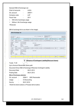SrinivasaKasireddy+91-9959765211
GeneralBill of Exchange List
Chart of accounts : LACA
G/L account : 200611
Company code : LAP
Fiscal Year : 2011
√ With bill of exchange usage
√ Without bill of exchange usage
Execute
(Bill of exchange list is as shown in the image)
9. Reverse of Contingent Liability(Discount items)
Tcode : F-20
Up to Account Receivable Same path
Document EntryBill of ExchangeReverse Contingent Liability
Document Date : 08.01.2012
Posting Date : 08.01.2012
Bills of Exchange selection
G/L account : 200611 BOE Recievable
Usage : D Discounting
Due by : 08.01.2012
Edit line items button( or Process items button)
+91-9959765211 165
 