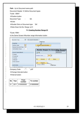 SrinivasaKasireddy+91-9959765211
Path : Up to Document same path
Document Header  Define Document types
Tcode : OBA7
Position button
Document Type : SA
Enter
Double Click on Document type ‘SA’
Note Down the No. Range ie 01
13. Creating Number Range 01
TCode :FBN1
In the Same ScreenNumber range Information button
Company Code : LAP
Change Intervals button
Interval button
No Year
From
number
To number
01 2011 0100000000 0199999999
+91-9959765211 29
 