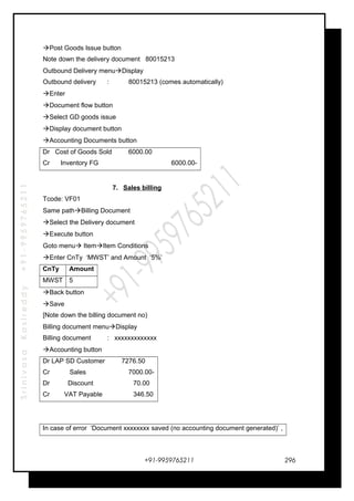 SrinivasaKasireddy+91-9959765211
Post Goods Issue button
Note down the delivery document 80015213
Outbound Delivery menuDisplay
Outbound delivery : 80015213 (comes automatically)
Enter
Document flow button
Select GD goods issue
Display document button
Accounting Documents button
Dr Cost of Goods Sold 6000.00
Cr Inventory FG 6000.00-
7. Sales billing
Tcode: VF01
Same pathBilling Document
Select the Delivery document
Execute button
Goto menu ItemItem Conditions
Enter CnTy ‘MWST’ and Amount ‘5%’
CnTy Amount
MWST 5
Back button
Save
[Note down the billing document no)
Billing document menuDisplay
Billing document : xxxxxxxxxxxxx
Accounting button
Dr LAP SD Customer 7276.50
Cr Sales 7000.00-
Dr Discount 70.00
Cr VAT Payable 346.50
In case of error ‘Document xxxxxxxx saved (no accounting document generated)’ ,
+91-9959765211 296
 