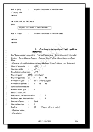 SrinivasaKasireddy+91-9959765211
End of group : Surplus/Loss carried to Balance sheet
√ Display total
Enter
Double click on ‘P+L result’
Item
Surplus/Loss carried to Balance sheet
End of Group : Surplus/Loss carried to Balance sheet
Enter
Save
2. Creating Balance sheet/Profit and loss
statement
SAP Easy accessAccountingFinancial Accounting General LedgerInformation
SystemGeneral Ledger ReportsBalance Sheet/Profit and Loss Statement/Cash
Flow
GeneralActual/Actual ComparisonsBalance Sheet/Profit and Loss Statement.
Chart of accounts : LACA
Company code : LAP
Fiscal statement version LAP1
Reporting year 2012 (current year)
Reporting periods : 1 to 16
Comparison year : 2011 (Previous year)
Comparison periods : 1 to 16
Special evaluations tab
Balance sheet type : 1
Output control tab
Company code Summarization : 1
Business area Summarization : 2
Summary Report : Blank
Comparison type : 1
Scaling : 5/0 (Figures will be in Lacks)
Execute button
Back button
+91-9959765211 306
 