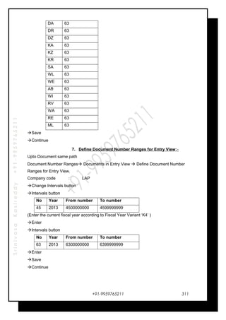 SrinivasaKasireddy+91-9959765211
DA 63
DR 63
DZ 63
KA 63
KZ 63
KR 63
SA 63
WL 63
WE 63
AB 63
WI 63
RV 63
WA 63
RE 63
ML 63
Save
Continue
7. Define Document Number Ranges for Entry View:-
Upto Document same path
Document Number Ranges Documents in Entry View  Define Document Number
Ranges for Entry View.
Company code : LAP
Change Intervals button
Intervals button
No Year From number To number
45 2013 4500000000 4599999999
(Enter the current fiscal year according to Fiscal Year Variant ‘K4’ )
Enter
Intervals button
No Year From number To number
63 2013 6300000000 6399999999
Enter
Save
Continue
+91-9959765211 311
 