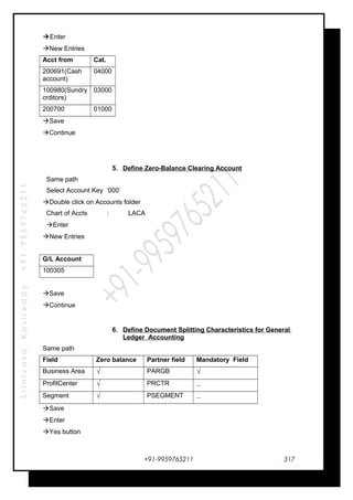 SrinivasaKasireddy+91-9959765211
Enter
New Entries
Acct from Cat.
200691(Cash
account)
04000
100980(Sundry
crditors)
03000
200700 01000
Save
Continue
5. Define Zero-Balance Clearing Account
Same path
Select Account Key ‘000’
Double click on Accounts folder
Chart of Accts : LACA
Enter
New Entries
G/L Account
100305
Save
Continue
6. Define Document Splitting Characteristics for General
Ledger Accounting
Same path
Field Zero balance Partner field Mandatory Field
Business Area √ PARGB √
ProfitCenter √ PRCTR ..
Segment √ PSEGMENT ..
Save
Enter
Yes button
+91-9959765211 317
 