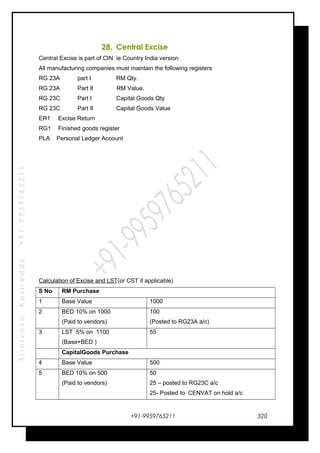 SrinivasaKasireddy+91-9959765211
28. Central Excise
Central Excise is part of CIN ie Country India version
All manufacturing companies must maintain the following registers
RG 23A part I RM Qty.
RG 23A Part II RM Value.
RG 23C Part I Capital Goods Qty
RG 23C Part II Capital Goods Value
ER1 Excise Return
RG1 Finished goods register
PLA Personal Ledger Account
Calculation of Excise and LST(or CST if applicable)
S No RM Purchase
1 Base Value 1000
2 BED 10% on 1000
(Paid to vendors)
100
(Posted to RG23A a/c)
3 LST 5% on 1100
(Base+BED )
55
CapitalGoods Purchase
4 Base Value 500
5 BED 10% on 500
(Paid to vendors)
50
25 – posted to RG23C a/c
25- Posted to CENVAT on hold a/c
+91-9959765211 320
 