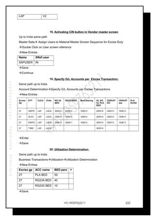 SrinivasaKasireddy+91-9959765211
LAP V2
18. Activating CIN button in Vendor master screen
Up to India same path
Master Data Assign Users to Material Master Screen Sequence for Excise Duty
Double Click on User screen reference
New Entries
Name SRef:user
SAPUSER IN
Save
Continue
19. Specify G/L Accounts per Excise Transaction:
Same path up to India
Account DeterminationSpecify G/L Accounts per Excise Transactions
New Entries
Excise
Gp
ETT CoCd ChAc RG 3A
BED
RG23CBED ModClearing GL A/C
for PLA
BED
CENVAT
OH
CENVAT
sse
PLA
OnHld
27 GRPO LAP LACA 200511 200512 100612 200514 200513 100613
27 DLFC LAP LACA 100614 100614 100612 200514 200513 100613
27 EWPO LAP LACA 200610 200611 100612 200514 200513 100613
27 TR6C LAP LACA 200514
Enter
Save
20. Utilization Determination:
Same path up to India
Business TransactionsUtilizationUtilization Determination
New Entries
Excise gp ACC name BED perc +
27 PLA BED 50
27 RG23A BED 40
27 RG23C BED 10
Save
+91-9959765211 333
 