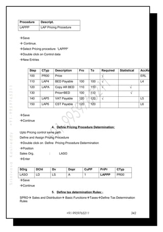 SrinivasaKasireddy+91-9959765211
Procedure Descript.
LAPPP LAP Pricing Procedure
Save
 Continue.
Select Pricing procedure ‘LAPPP’
Double click on Control data
New Entries
Step CTyp Description Fro To Required Statistical AccKey
100 PR00 Price √ ERL
110 LAP4 BED Payable 100 100 √ L4
120 LAPA Copy AR BED 110 110 √ √
130 Price+BED 100 110 √
140 LAP5 VAT Payable 120 120 √ L5
150 LAP6 CST Payable 120 120 L6
Save
Continue
4. Define Pricing Procedure Determination:
Upto Pricing control same path
Define and Assign Pricing Procedure
Double click on Define Pricing Procedure Determination
Position
Sales Org. : LASO
Enter
SOrg DChl Dv Dopr CuPP PriPr CTyp
LASO LD LS A 1 LAPPP PR00
Save
Continue
5. Define tax determination Rules:-
SPRO Sales and Distribution Basic FunctionsTaxesDefine Tax Determination
Rules
+91-9959765211 342
 