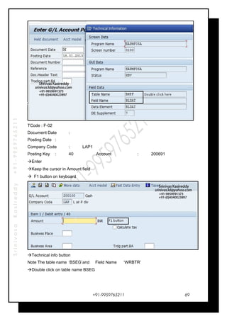 SrinivasaKasireddy+91-9959765211
TCode : F-02
Document Date :
Posting Date :
Company Code : LAP1
Posting Key : 40 Account : 200691
Enter
Keep the cursor in Amount field
 F1 button on keyboard
Technical info button
Note The table name ‘BSEG’and Field Name ‘WRBTR’
Double click on table name BSEG
+91-9959765211 69
 