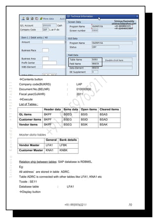 SrinivasaKasireddy+91-9959765211
Contents button
Company code(BUKRS) : LAP
Document No.(BELNR) : 010000000
Fiscal year(GJAHR) : 2011
Execute
List of Tables :
Header data Items data Open items Cleared items
GL items BKPF BSEG BSIS BSAS
Customer items BKPF BSEG BSID BSAD
Vendor items BKPF BSEG BSIK BSAK
Master data tables
General Bank details
Vendor Master LFA1 LFBK
Customer Master KNA1 KNBK
Relation ship between tables: SAP database is RDBMS.
Eg:
All address’ are stored in table ADRC.
Table ADRC is connected with other tables like LFA1, KNA1 etc
Tcode : SE11
Database table : LFA1
Display button
+91-9959765211 70
 