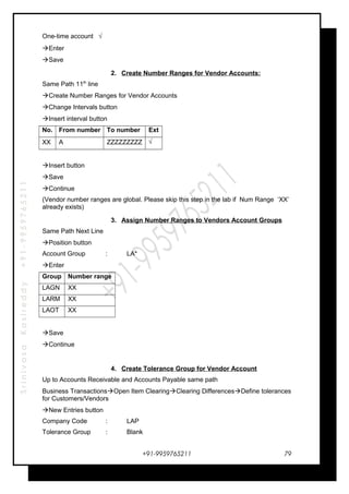 SrinivasaKasireddy+91-9959765211
One-time account √
Enter
Save
2. Create Number Ranges for Vendor Accounts:
Same Path 11th
line
Create Number Ranges for Vendor Accounts
Change Intervals button
Insert interval button
No. From number To number Ext
XX A ZZZZZZZZZ √
Insert button
Save
Continue
(Vendor number ranges are global. Please skip this step in the lab if Num Range ‘XX’
already exists)
3. Assign Number Ranges to Vendors Account Groups
Same Path Next Line
Position button
Account Group : LA*
Enter
Group Number range
LAGN XX
LARM XX
LAOT XX
Save
Continue
4. Create Tolerance Group for Vendor Account
Up to Accounts Receivable and Accounts Payable same path
Business TransactionsOpen Item ClearingClearing DifferencesDefine tolerances
for Customers/Vendors
New Entries button
Company Code : LAP
Tolerance Group : Blank
+91-9959765211 79
 