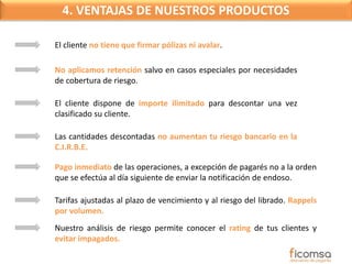 4. VENTAJAS DE NUESTROS PRODUCTOS 
El cliente no tiene que firmar pólizas ni avalar. 
No aplicamos retención salvo en casos especiales por necesidades 
de cobertura de riesgo. 
El cliente dispone de importe ilimitado para descontar una vez 
clasificado su cliente. 
Las cantidades descontadas no aumentan tu riesgo bancario en la 
C.I.R.B.E. 
Pago inmediato de las operaciones, a excepción de pagarés no a la orden 
que se efectúa al día siguiente de enviar la notificación de endoso. 
Tarifas ajustadas al plazo de vencimiento y al riesgo del librado. Rappels 
por volumen. 
Nuestro análisis de riesgo permite conocer el rating de tus clientes y 
evitar impagados. 
 