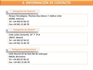 6. INFORMACIÓN DE CONTACTO 
Delegación de Valencia 
Parque Tecnológico, Thomas Alva Edison 7. Edificio Urbe 
46980, Valencia. 
Tel: +34 902 07 06 52 
Fax:+34 961 31 86 78 
Delegación de Madrid 
Calle Julián Camarillo Nº 7 3º B 
28037. Madrid. 
Tel: +34 902 07 06 52 
Fax:+34 961 31 86 78 
Delegación de Barcelona 
Calle Raurich 62 de Sant Boi de Llobregat 
08830, Barcelona. 
Tel: +34 902 07 06 52 
Fax: +34 961 31 86 78 
