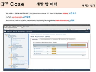 3rd Case
2013-09-21 06:50:54,798 INFO [org.jboss.web.tomcat.tc5.TomcatDeployer] deploy, //업로드
ctxPath=/webconsole, //파일명
warUrl=file:/usr/local/jboss/server/default/deploy/management/webconsole.war/ //경로
예외는 없다개발 망 해킹
 