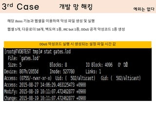 3rd Case
해당 Jboss 기능과 웹셸을 이용하여 악성 파일 생성 및 실행
웹셸 5개, 다운로더 58개, 백도어 1종, IRC bot 1종, DDoS 공격 악성코드 1종 생성
DDoS 악성코드 실행 시 생성되는 설정 파일 시간 값
예외는 없다개발 망 해킹
 