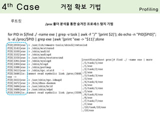 /proc 폴더 분석을 통한 숨겨진 프로세스 탐지 기법
for PID in $(find ./ -name exe | grep -v task | awk -F "/" '{print $2}'); do echo -n "PID[$PID]";
ls -al /proc/$PID | grep exe |awk '{print "exe -> "$11}';done
4th Case 거점 확보 기법 Profiling
루트킷
 