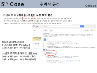 5th Case
Scrum vs Kanban.hwp
61.x.x.251 port : 443 (C&C, )
122.x.x.214 port : 443 (C&C)
15년도 추계학술대회 안내문.hwp
203.x.x.163 port : 443,8443 (C&C)
196.x.x.106 port : 443, 8443 (C&C)
관리자 공격 Collabo
 