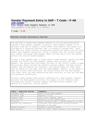 Vendor Payment Entry in SAP - T Code - F-48
DOWN PAYMENT
Post Vendor Down Payment Request in SAP
Down payment to be made to a vendor.
T Code:- F-48
Business Process Description Overview
You can post a vendor down payment whether or not you have previously
created a down payment request. Creating a down payment request is an
optional step and is simply a noted credit entry against the vendor (not
included as a financial posting) that is covered in another BPP. Note
that when the vendor invoice is eventually posted you should use the Clear
Vendor Down Payment transaction (f-54) to ensure that the invoice credit
will offset the proper down payment debit and the result will be cleared
without the risk of double payment.
To post a down payment made in cases where a down payment request has been
issued, you select the down payment request when you post the down
payment. The system then only needs the data in the initial screen to make
the posting. These include the vendor's account number, the bank account
number, and the special G/L indicator. The system takes all other data,
such as amount or tax code, from the down payment request. If you need to
make any further specifications, the system offers you the down payment
line item, after you have selected the post function, so that you can make
any necessary corrections.
To post a down payment made without reference to a down payment request,
you post the down payment directly. You supply all the necessary data
including the vendor's account number, the bank account number, the
special G/L indicator, and the amount.
Input - Required Fields Comments
Document Date Date of the down payment
Document Type Defaults to KZ
Company Code 1000 (Your Company Code)
Posting Date Defaults to the system date
Currency Enter Currency type – system defaults to INR
Special G/L Indicator Indicates the alternative reconciliation
account to be used
Vendor Account Vendor’s account number
Bank Account The G/L Cash / Bank account to be credited
 