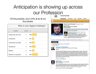 Anticipation is showing up across
our Profession
CFO	
  Roundtable,	
  Gov’t	
  CPAs	
  	
  Biz	
  	
  Ind	
  
Roundtable	
  
 