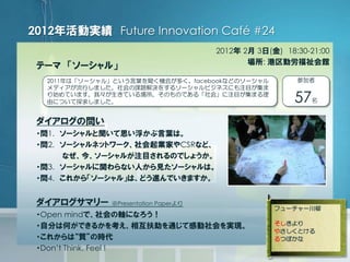 1.
2. CSR
3.
4.
Presentation Paper
Open mind
Don’t Think. Feel !
2012 Future Innovation Café #24
2012 2 3 ( ) 18:30-21:00
...