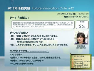 1.
2.
3.
Presentation Paper
2012 Future Innovation Café #42
2012 10 5 ( ) 18:30-21:00
: NTT INFORIUM
26
( )
( ) ( )
( )
(V...