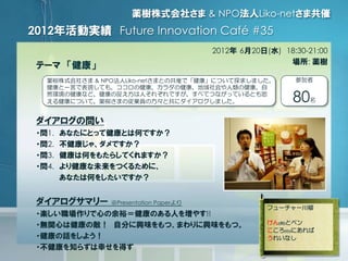 1.
2.
3.
4.
Presentation Paper
!!
2012 Future Innovation Café #35
( )
( )
2012 6 20 ( ) 18:30-21:00
:
& NPO Liko-net
80
& ...
