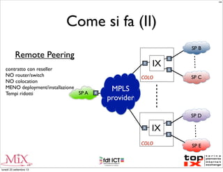 Come si fa (II)
R
IXR
R
R
IXR
R
R
COLO
COLO
SP A
SP B
SP C
SP D
SP E
Remote Peering
contratto con reseller
NO router/switch
NO colocation
MENO deployment/installazione
Tempi ridotti
MPLS
provider
MM
lunedì 23 settembre 13
 