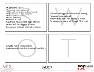 S W
O T
IX generano valore
•Risparmi sui costi di connettività
•Migliorare la user experience (basse latenze)
•Miglior controllo su rotte strategiche
•Trafﬁco tariffato a consumo
•Beneﬁci di Marketing
•Protezione da DDoS
Neutralità nei confronti degli afferenti
Attrattività per soggetti stranieri
Ecosistema sviluppo Internet Economy
Erosione vantaggio economico del peering
Mancanza colos neutrali
Poca visibilità con i non addetti ai lavori
Poca cooperazione tra i SP negli IX (e non)
Sviluppo nuove infrastrutture
Interconnessioni di altri sistemi (Cloud, Eth.)
LC
lunedì 23 settembre 13
 