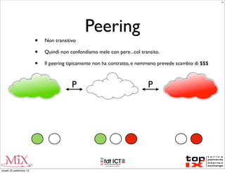 Peering
P P
• Non transitivo
• Quindi non confondiamo mele con pere...col transito.
• Il peering tipicamente non ha contratto, e nemmeno prevede scambio di $$$
LC
lunedì 23 settembre 13
 