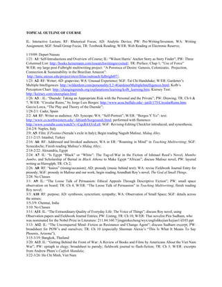 TOPICAL OUTLINE OF COURSE

IL: Interactive Lecture; RF: Rhetorical Focus; AD: Analytic Device; PW: Pre-Writing/Inventon; WA: Writing
Assignment; SGF: Small Group Focus; TR: Textbook Reading; W/ER: Web Reading or Electronic Reserve;

1/19/09: Depart Nassau
1/21: A1: Self-Introductions and Overview of Course; IL: “Wilson Harris’ Anchor Story as Story Finder”; PW: Three
Columned List: http://books.heinemann.com/researchwritingrevisited/; TR: Preface; Chap 1; “Use of Force”
W/ER: my large post-Fulbright multiwriting project: “A Pororoca of Desire: Genesis, Colonizatio, Projection,
Connection & Sustainability in the Brazilian Amazon”:
 http://lanic.utexas.edu/project/etext/llilas/outreach/fulbright07/;
1/23: A2: RF: Writer; AD: grapevine; WA: Unusual Experience; SGF: Tai Chi Handshake; W/ER: Gardener’s
Multiple Intelligences: http://wilderdom.com/personality/L2-4GardenerMultipleIntelligences.html; Kolb’s
Perception Chart: http://changingminds.org/explanations/learning/kolb_learning.htm; Kiersey Test:
http://keirsey.com/siteexplain.html
1/26: A3: : IL: “Duende: Taking an Appropriate Risk with the Personal and the Private”; PW: Drawing; TR: Ch 6 &
7; W/ER: “Circular Ruins,” by Jorge Luis Borges: http://www.acsu.buffalo.edu/~jatill/175/CircularRuins.htm;
Garcia Lorca, “The Play and Theory of the Duende”;
1/28-2/1: Cadiz, Spain
2/2: A4: RF: Writer as audience; AD: Syncope; WA: “Self-Portrait”; W/ER: “Borges Y Yo”: text:
http://www.cs.northwestern.edu/~fabianb/borgesandi.html; performed with flamenco:
http://www.youtube.com/watch?v=CqxR4AVsEz8; SGF: Revising-Editing Checklist introduced, and synesthesia;
2/4-2/8: Naples, Italy
2/9: A5: Film: Il Postino (Neruda’s exile in Italy); Begin reading Naguib Mafouz, Midaq Alley.
2/11-2/15: Istanbul, Turkey
2/16: A6: RF: Addressed and Invoked audiences; WA in ER: “Roaming in Mind” in Teaching Multiwriting; SGF:
Synecdoche; Finish reading Mafouz’s Midaq Alley;
2/18-2/22: Alexandria, Egypt
2/24: A7: IL: “Is Egypt “Black” or “White”: The Tug-of-War in the Fiction of Ishmael Reed’s Novel, Mumbo
Jumbo, and Scholarship of Bernal in Black Athena to Make Egypt “African”; discuss Mafouz novel; PW: layered
writing as Hieroglph; TR: Ch 2;
2/26: A8: RF: “kairos” (timing/occasion); AD: prosody (music behind text); WA: revise Fieldwork Journal Entry for
prosody; SGF: prosody in Mafouz and our work; begin reading Arundhati Roy’s novel, The God of Small Things.
2/28: No Classes
3/1: A9: IL: “The Loose Talk of Persuasion: Ethical Appeals Through Descriptive Fiction”; PW: small space
observation on board; TR: Ch 4; W/ER: “The Loose Talk of Persuasion” in Teaching Multiwriting; finish reading
Roy novel;
3/3: A10: RF: purpose; AD: symbiosis; syncretism; sympathy; WA: Observation of Small Space; SGF: details across
the senses;
3/5-3/9: Chennai, India
3/10: No Classes
3/11: A11: IL: “The Extraordinary Quality of Everyday Life: The Voice of Things”; discuss Roy novel, using
Observation papers and Fieldwork Journal Entries; PW: Listing; TR: Ch 10; W/ER: Thai novelist Pira Sudham, who
was nominated for the Nobel Prize in Literature: 211.84.160.7/jingpinkecheng/wyx/englishkejian/kejian1/d103.ppt
3/13: A12: IL: “The Unconquered Mind: Fiction as Resistance and Change Agent”; discuss Sudham excerpt; PW:
broadsheet for POW’s and ourselves; TR: Ch 10 (especially Sherman Alexie’s “This Is What It Means To Say
Phoenix, Arizona”);
3/15-3/19: Bangkok, Thailand
3/20: A13: IL: “Getting Behind the Front of War: A Review of Books and Films by Americans About the Viet Nam
War”; PW: epitaph to elegy; broadsheet to parody; fieldwork journal to flash-fiction; TR: Ch 3; W/ER: excerpts
from Andrew Pham’s Catfish Mandala;
3/22-3/26: Ho Chi Minh, Viet Nam
 